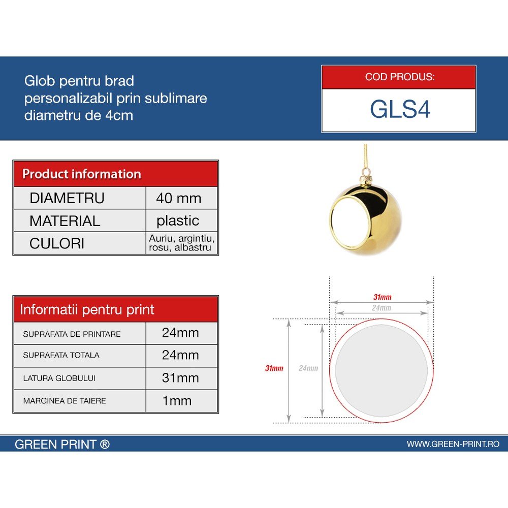 Glob sublimabil albastru pentru brad Ø 4cm GLS415 - Green Print