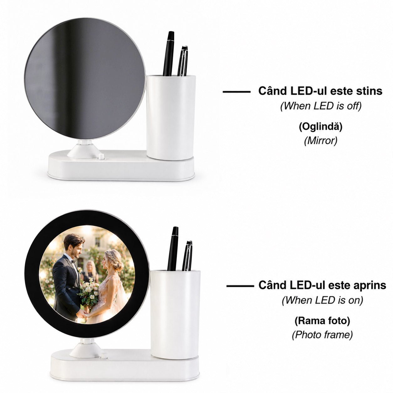 Oglinda magica cu insertie foto si lumina LED cu suport de pixuri - ROTUND MM101222 - Green Print