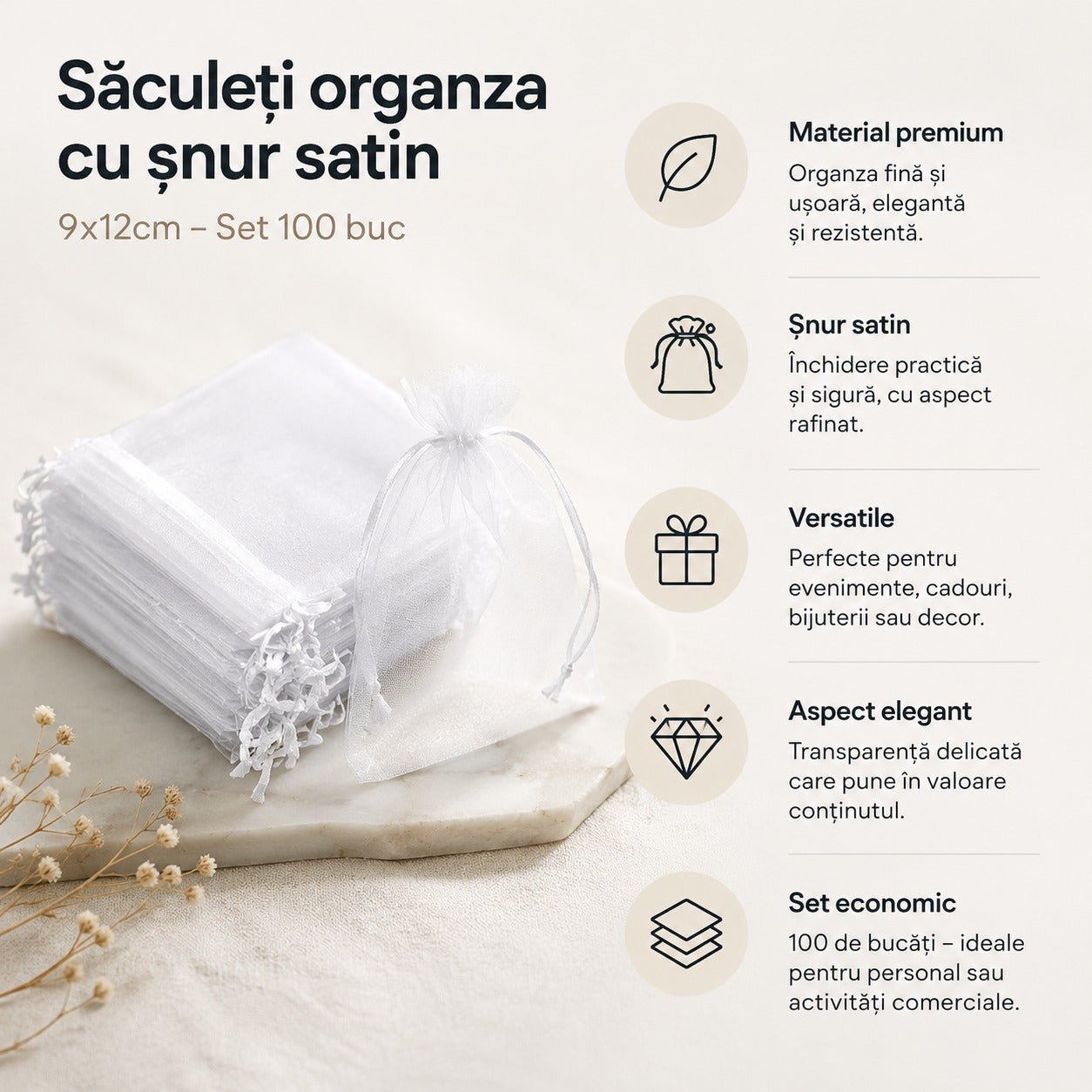 Saculeti organza cu snur satin 9x12cm - set 100 buc SCORG912-alb - Green Print