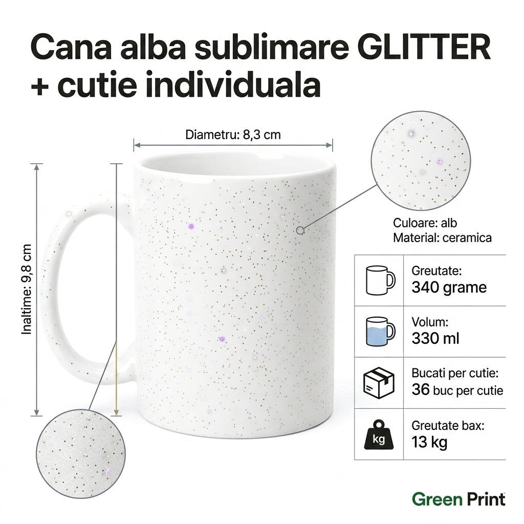 Cana alba sublimare GLITTER + cutie individuala A01601 - Green Print